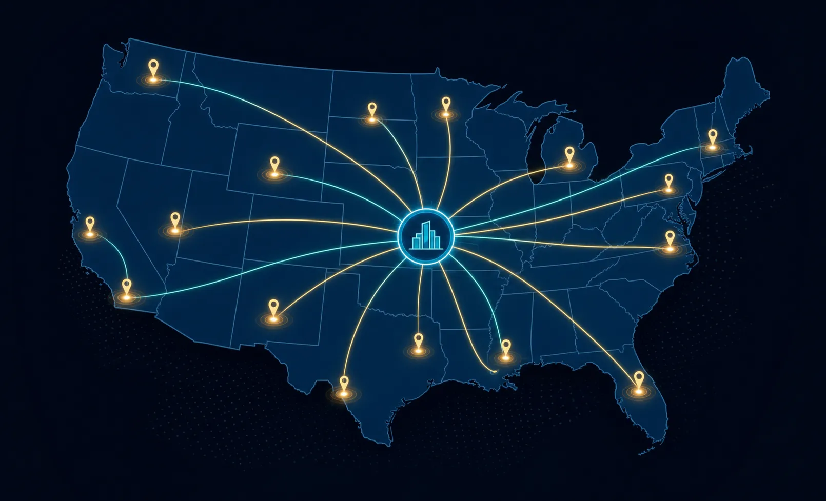 A clean, modern illustration showing a stylized map of the United States with glowing connection lines radiating outward from multiple scattered location pins across different states, representing remote workers in various locations. Each pin pulses with a soft light, and the connecting lines converge toward a central business hub icon. The overall color palette uses deep navy blue with bright teal and gold accent lines on a dark background, flat geometric design style, no text or labels anywhere.